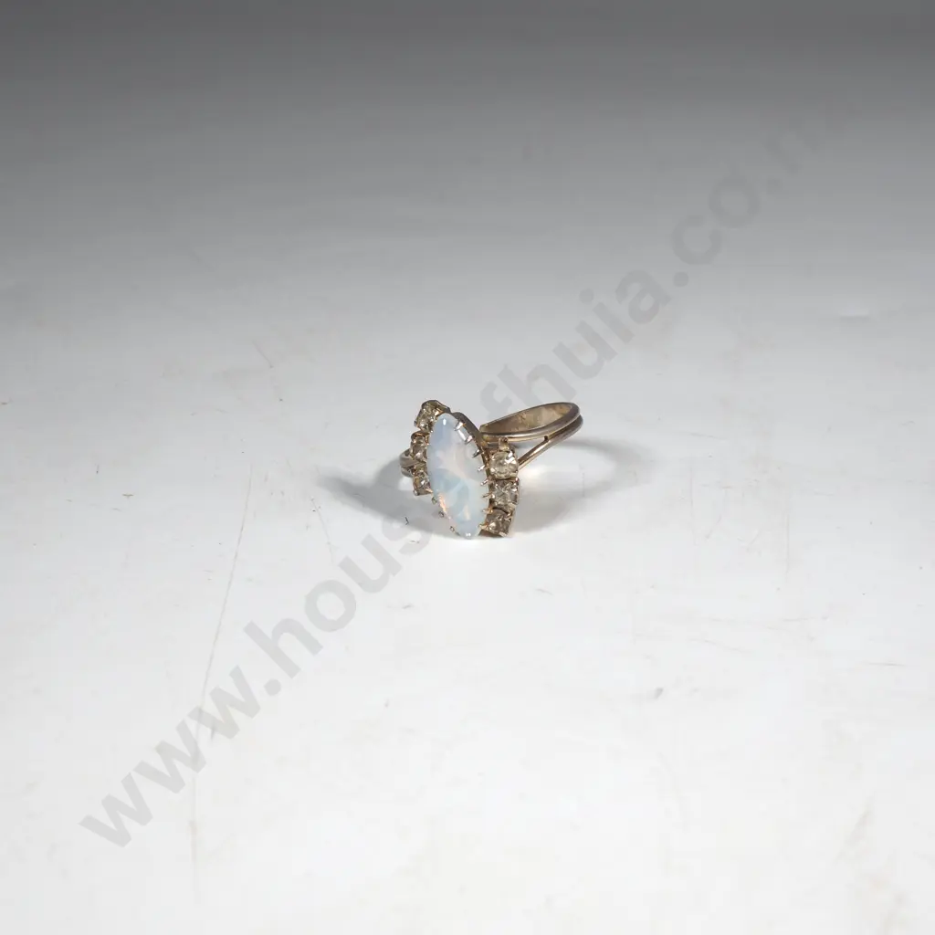 Costume Vintage Style Ring w Central Cabochon Opal Like Stone Flanked By White Stones Image 1++