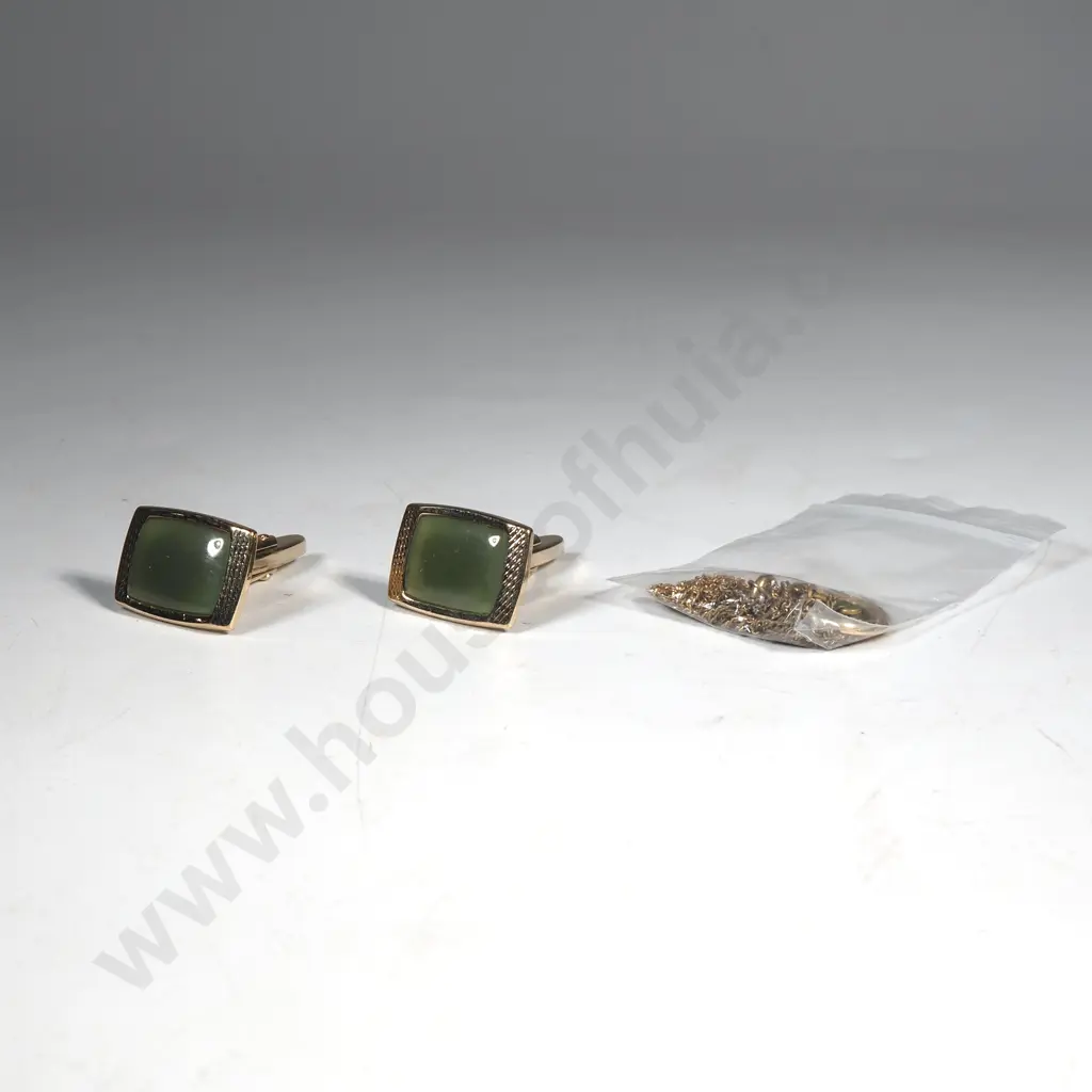 Pair of Greenstone & Gold Tone Cufflinks & Greenstone Pendant on Chain Image 1++