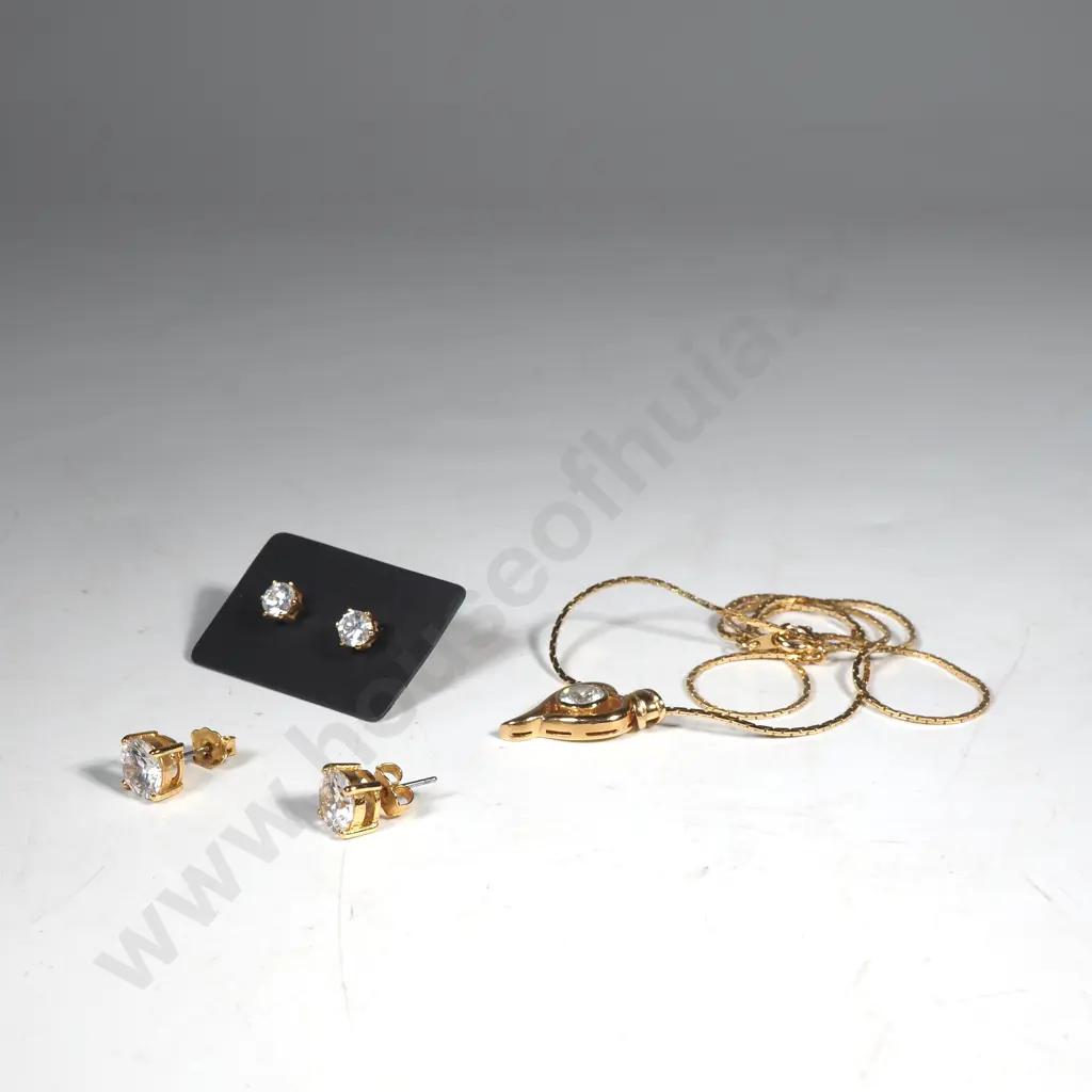 Two Pairs of  Gold Tone & White Stone Cubic Zirconia Earrings & a  Pendant on Chain Image 1++