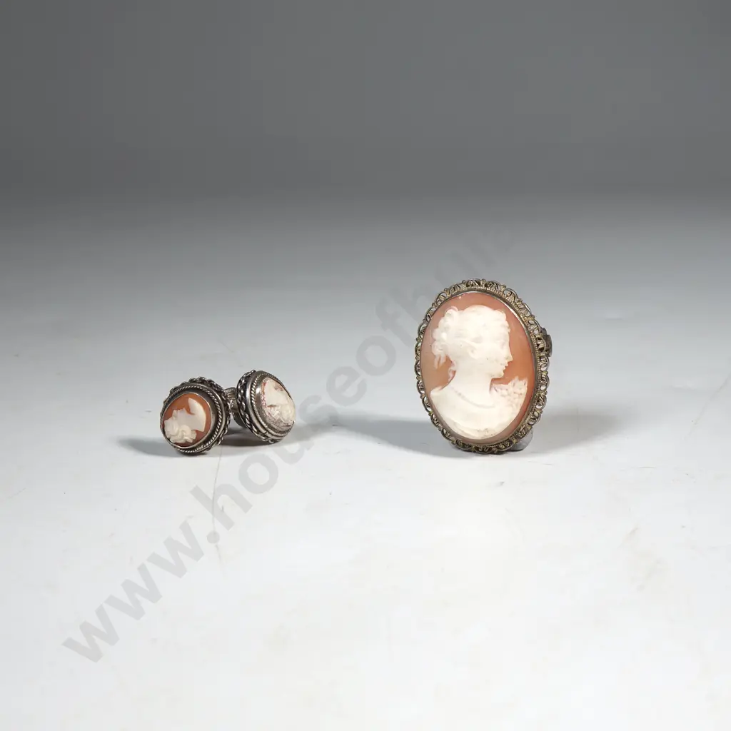 Cameo Brooch & Screw On  Earrings Set Image 1++