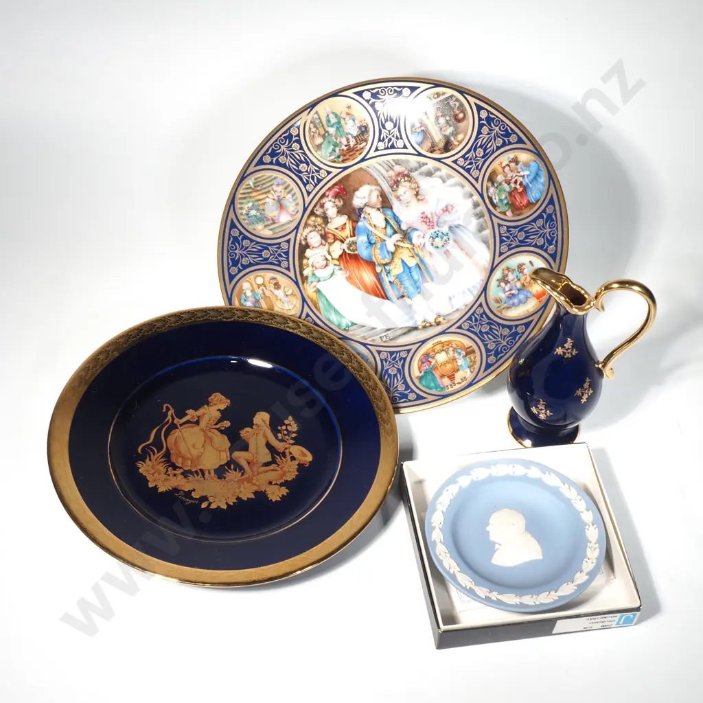 Franklin Porcelain Plate, Limoges Cobalt Blue Plate & Jug & Wedgwood Small Dish w Bust of Churchill Image 1++
