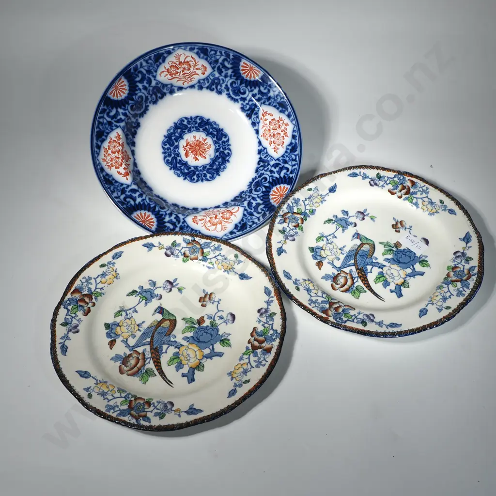 MInton Blue & White  Soup Bowl  w Iron Red Accents & a Pair of Wood & Sons Plates in the 'Mayfair' Pattern Image 1++