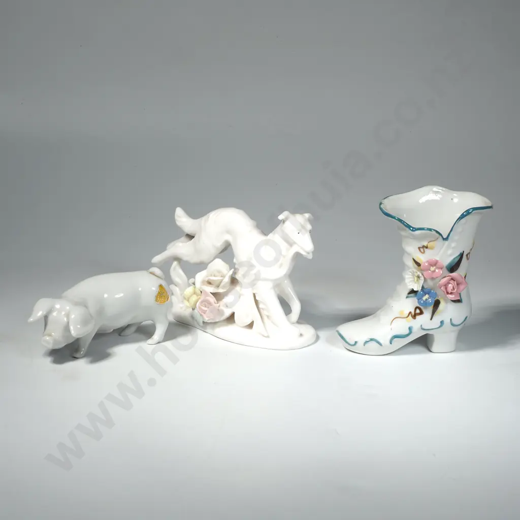 Small Royal Dux Model of a Pig, Vintage Porcelain Dog Figurine &  Victorian China Boot  both w Embossed Flowers Image 1++