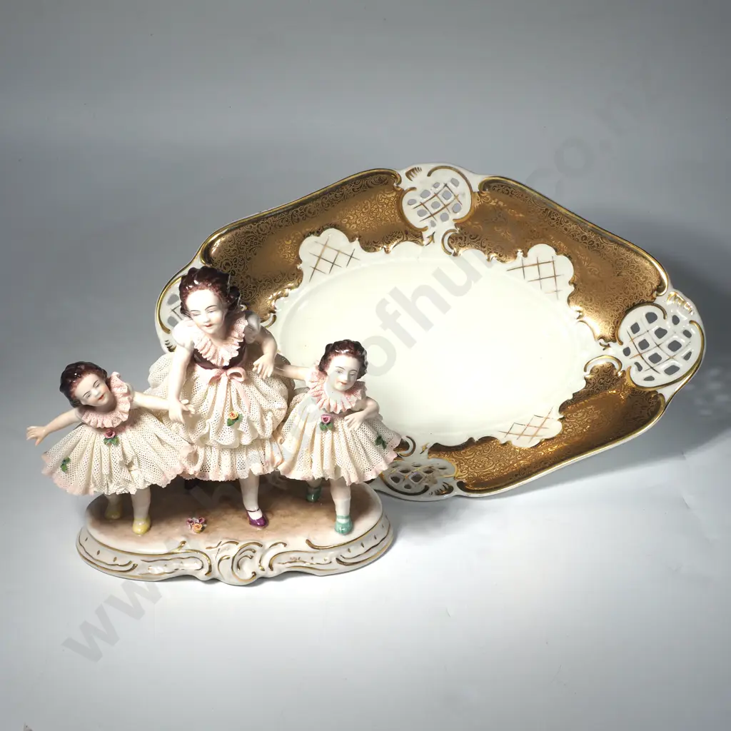 German Figurine of Three Girls In Dresden Lace (A/F) & an Alka- Kunst Reticulated Pierced Porcelain Dish Made in Bavaria Image 1++