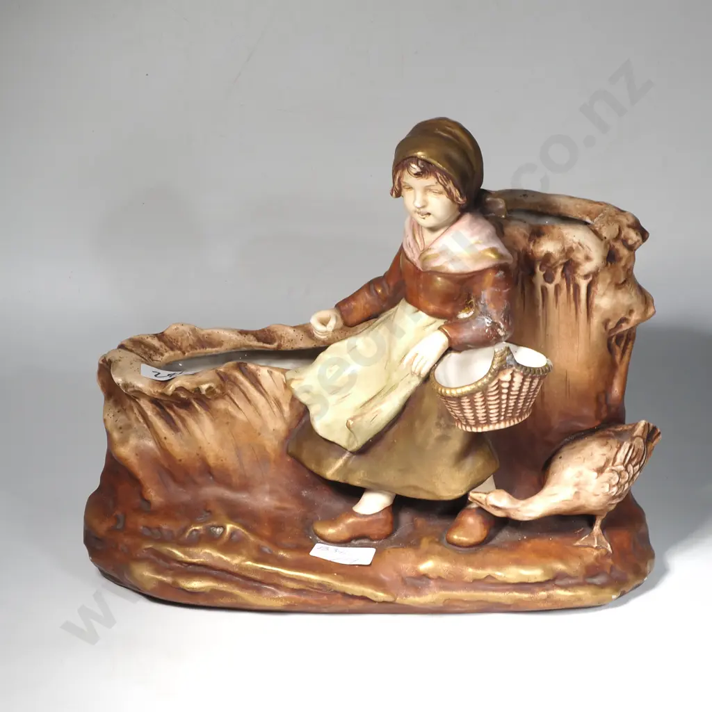 Large Antique Turn-Teplitz Porcelain Figure, 'Girl Chased by Goose' a/f Image 1++