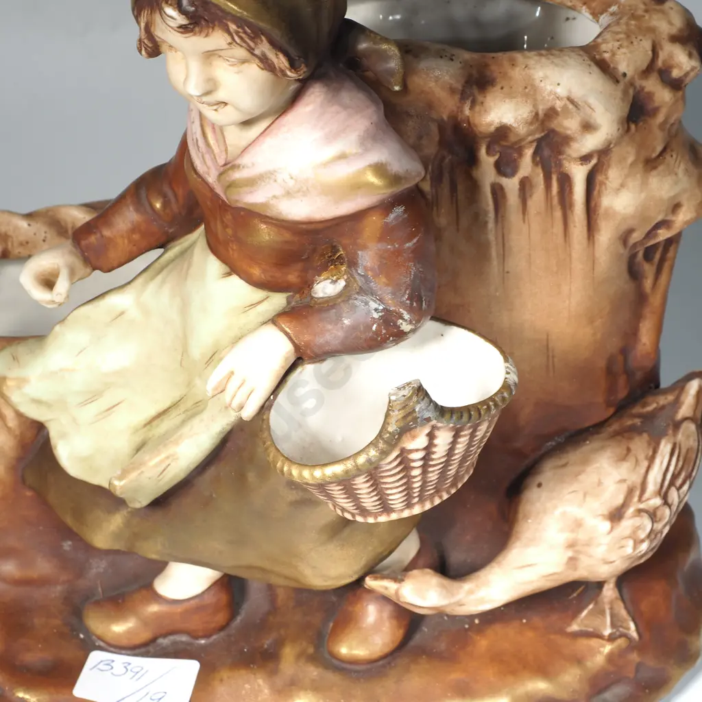 Large Antique Turn-Teplitz Porcelain Figure, 'Girl Chased by Goose' a/f Image 1++