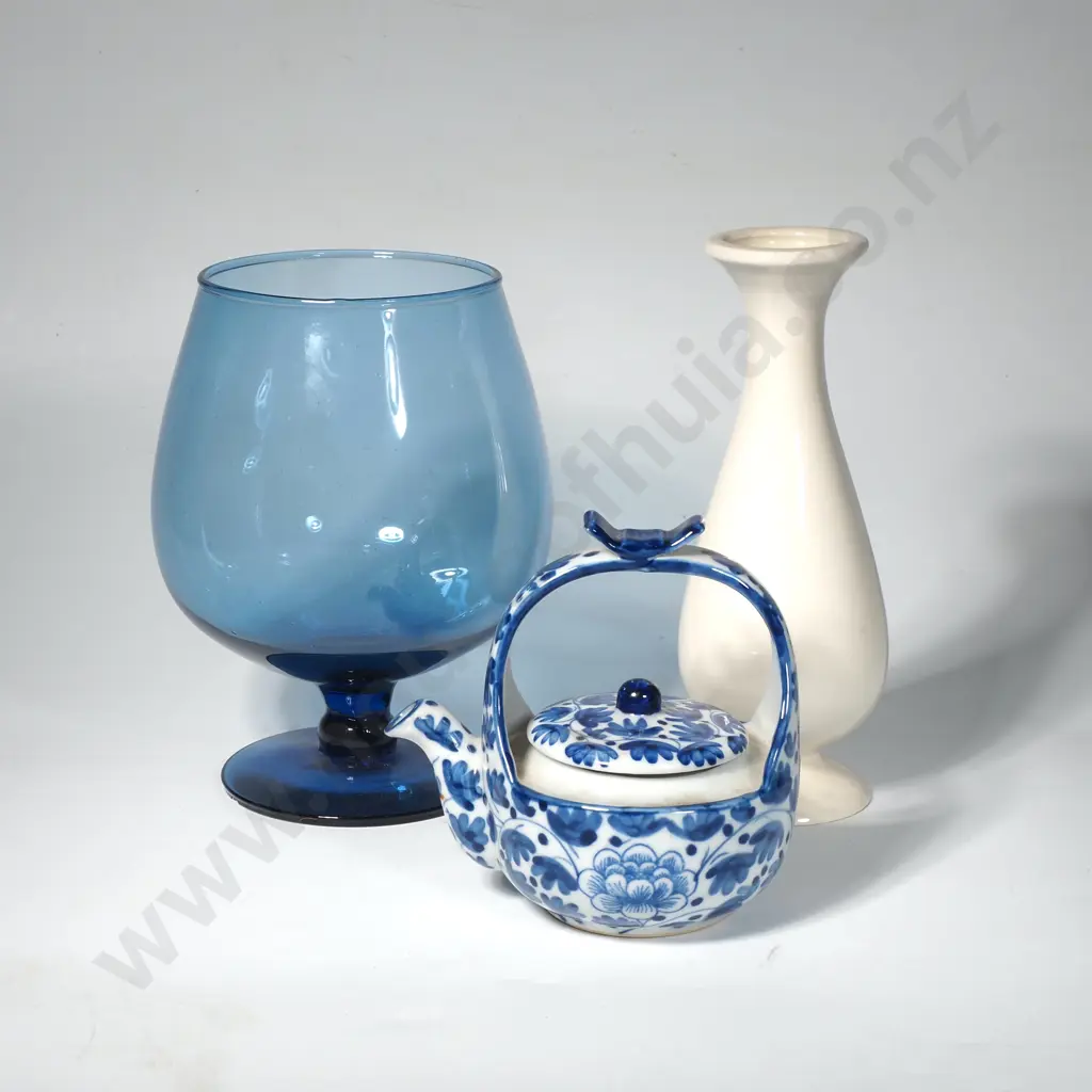 Vintage Cobalt Blue Glass Vase, Small Blue & White Teapot & White Bud Vase w Blue Floral Spray Image 1++