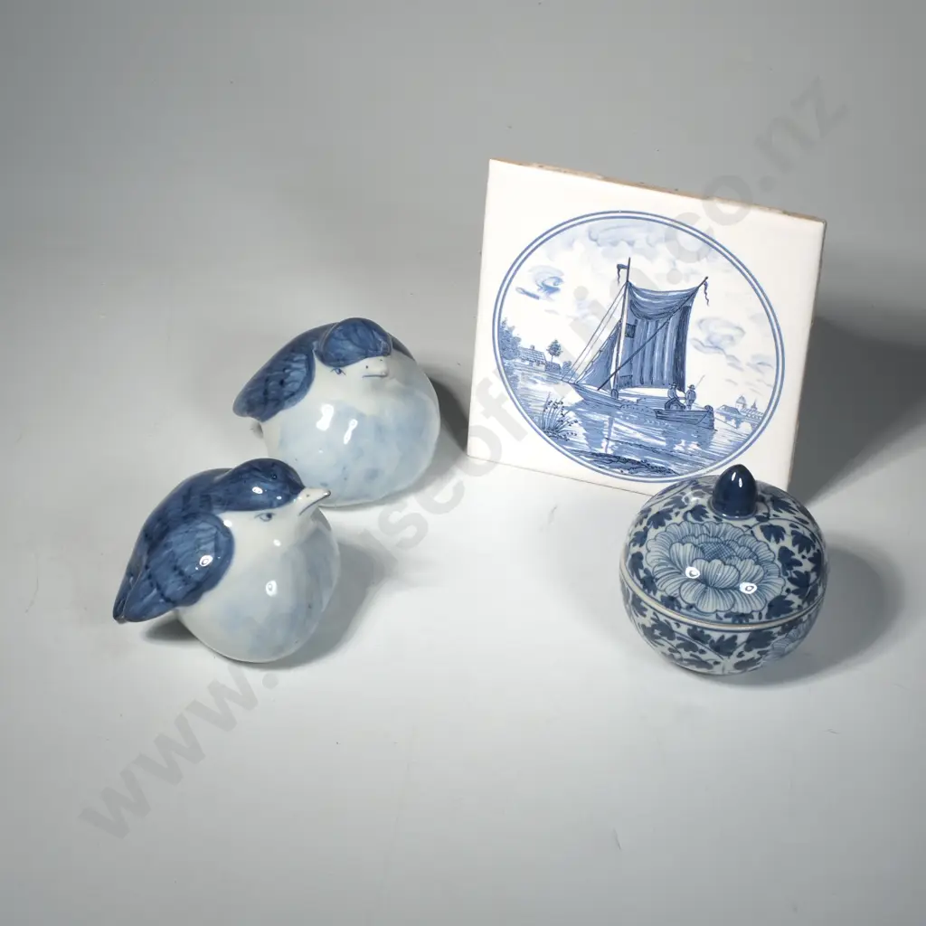Pair of Blue & White Birds, Small Lidded Pot from Thailand & a Delft Tile Image 1++