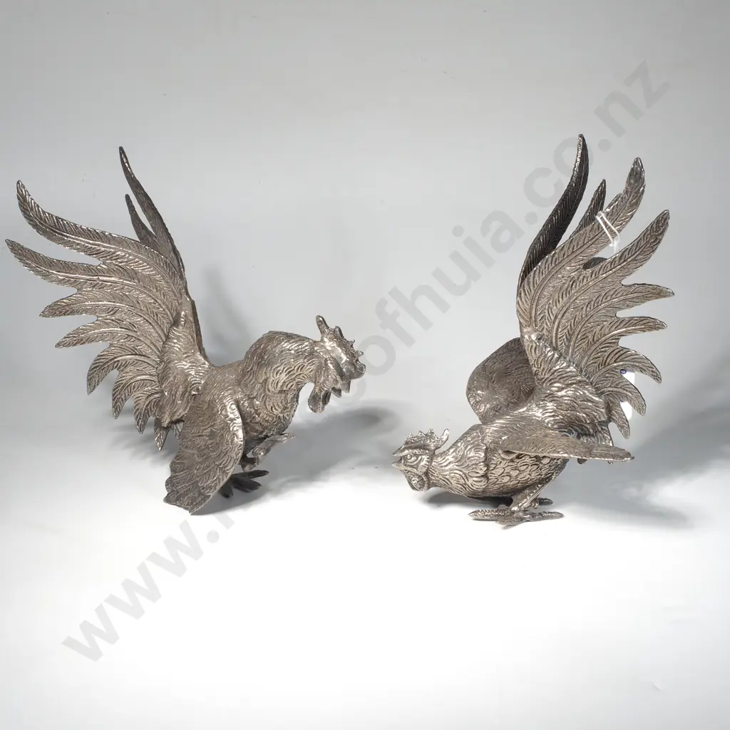 Pair of Silver Plated Fighting Cocks Image 1++