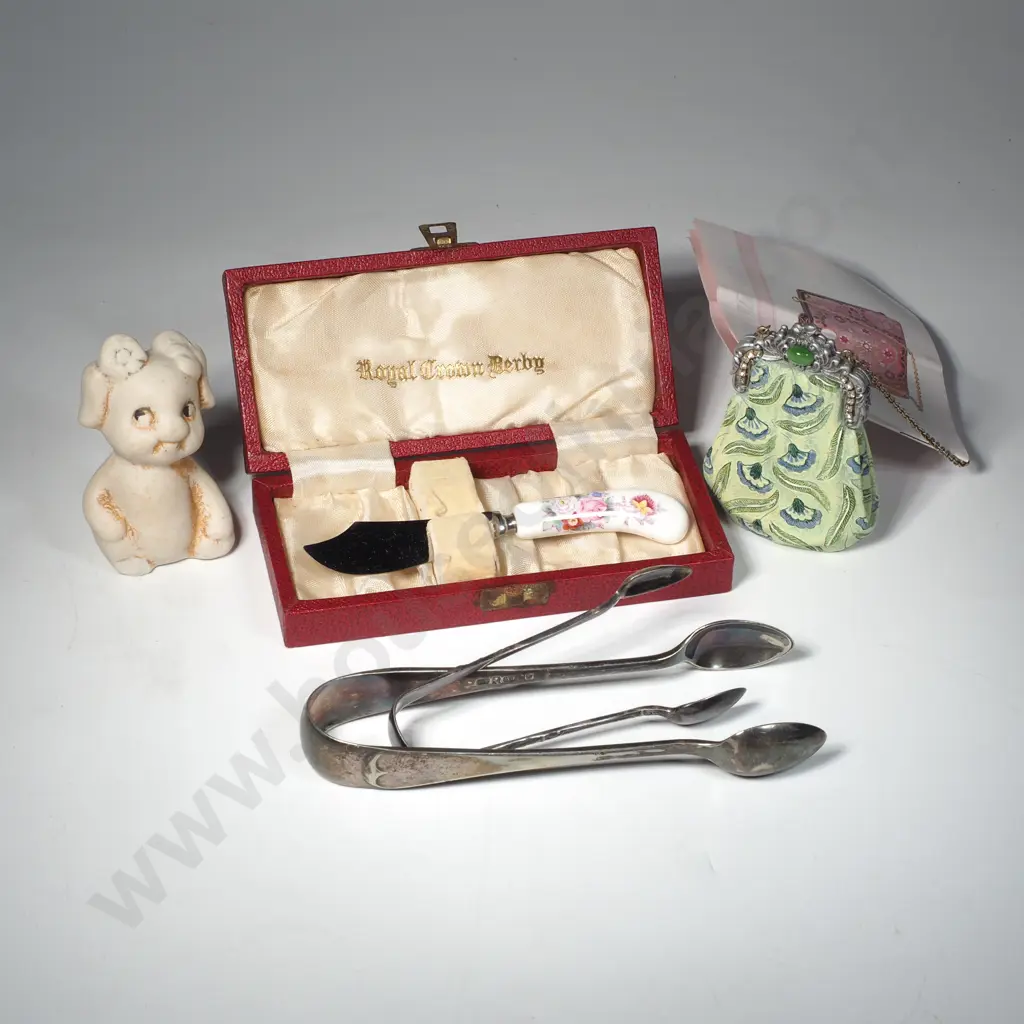 Nostalgia Ornamental Miniature Handbag, Royal Crown Derby Butter Knife, Two EP Sugar Tongs & a Dog  Ornament Image 1++