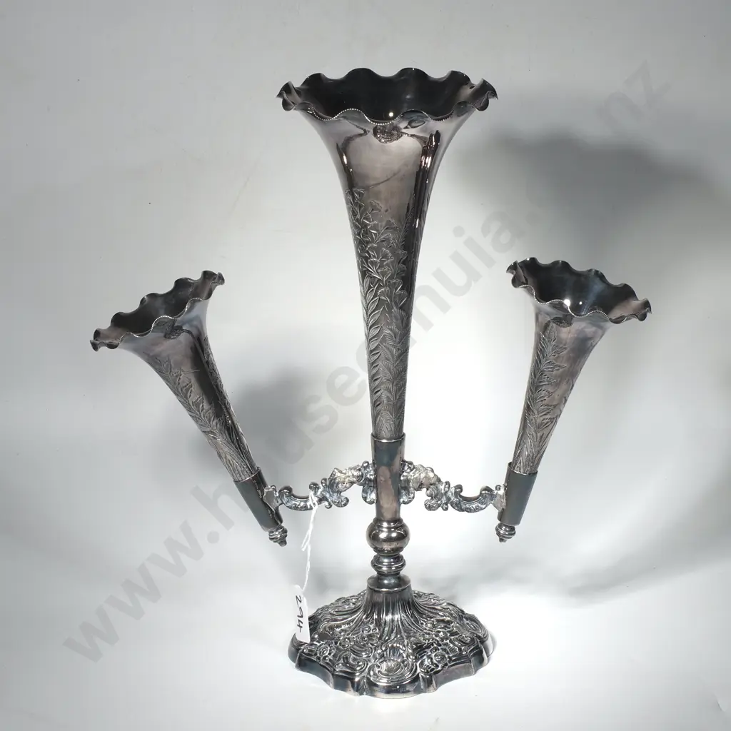 Antique Silver Plated Three Branch Epergne w Fern Decoration on An Embossed Base Image 1++