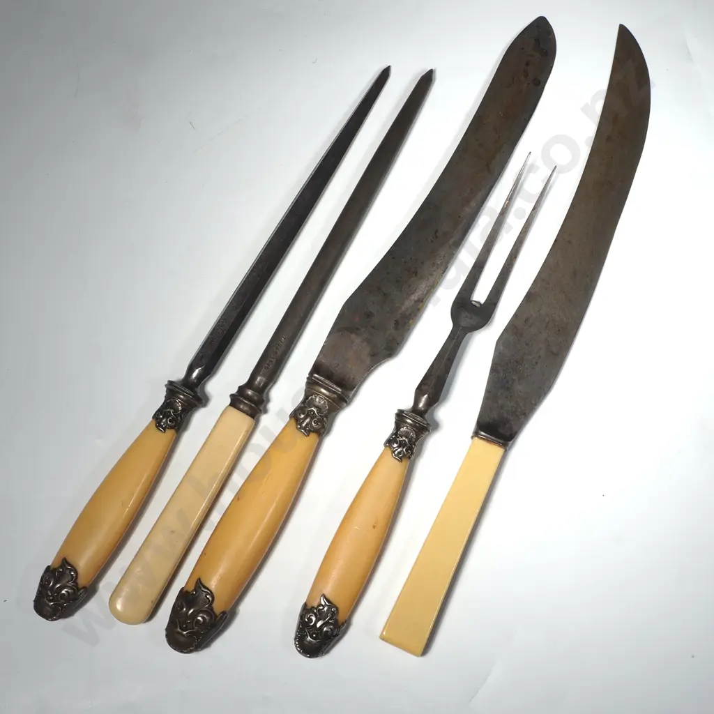 Antique Harrison Bros & Howson Bone Handled Carving Set Together w a Bone Handled Carving Knife & Steel Image 1++