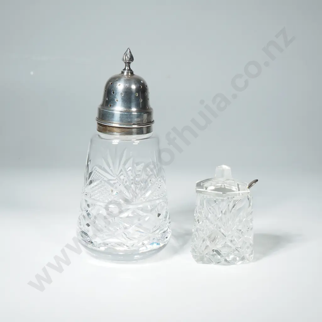 Glass Sugar Sifter w Sterling Silver Lid & a Small Mustard Pot w Spoon Image 1++