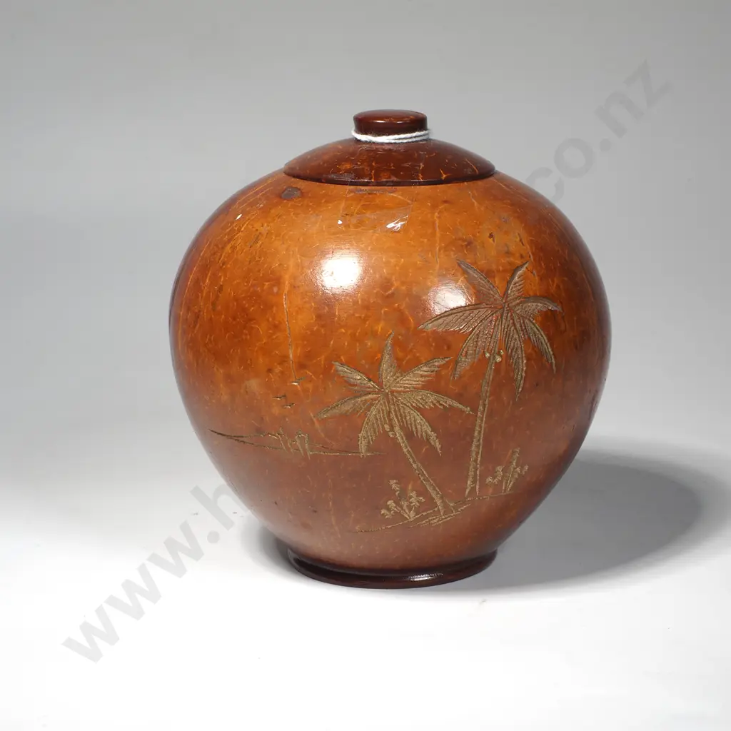 Vintage Coconut Shell Container fro Hainan China, Circa 1930 w Carved Palm Tree Motifs Image 1++