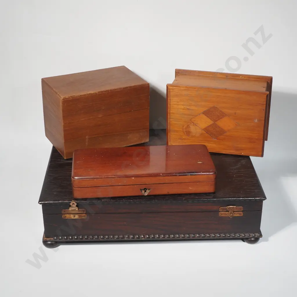 Collection of Four Wooden Boxes including an Oak Cutlery Box, Antique Mahogany Box, a Box Inlaid w NZ Timbers & Another Image 1++