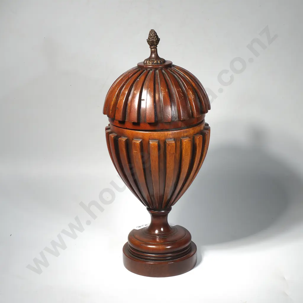 Vintage Turned & Carved Wood Lidded Urn w Brass Finial Image 1++
