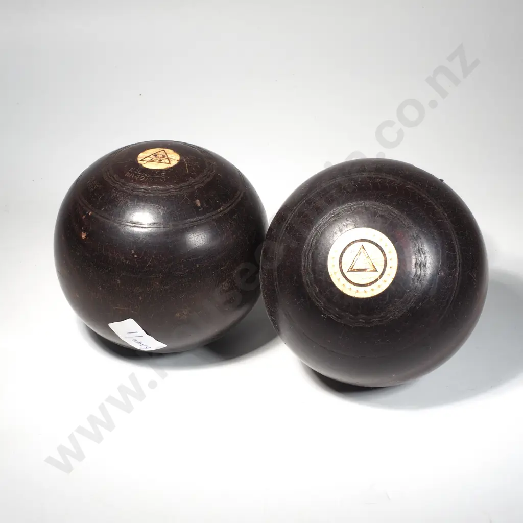 Two Vintage  Lignum Vitae Bowling Balls w Ivory Plugs Image 1++