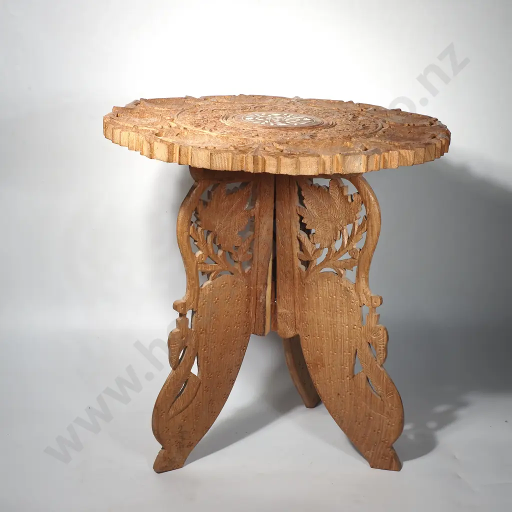 Anglo-Indian Hand Carved Wooden Side Table with Bone Inlay Image 1++
