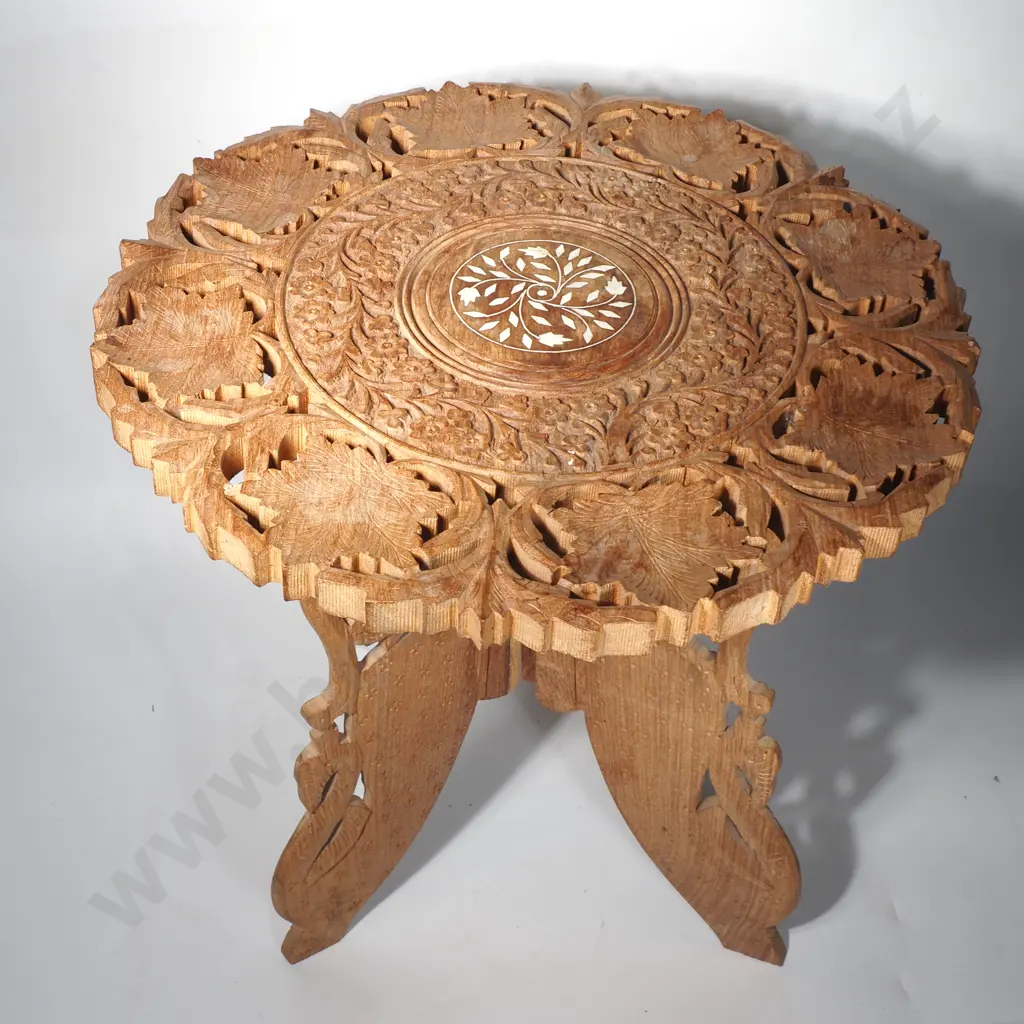 Anglo-Indian Hand Carved Wooden Side Table with Bone Inlay Image 1++