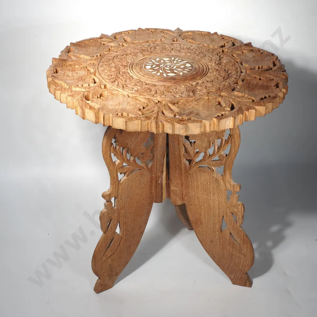 Anglo-Indian Hand Carved Wooden Side Table with Bone Inlay Image 1++