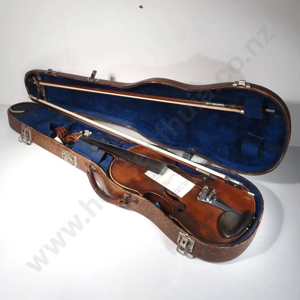 Violin w  Wood Case & Two Bows, 19th Century Copy of a Stradivarius, Interior Label ' Antonius Stradivarius  Cremonensis Image 1++