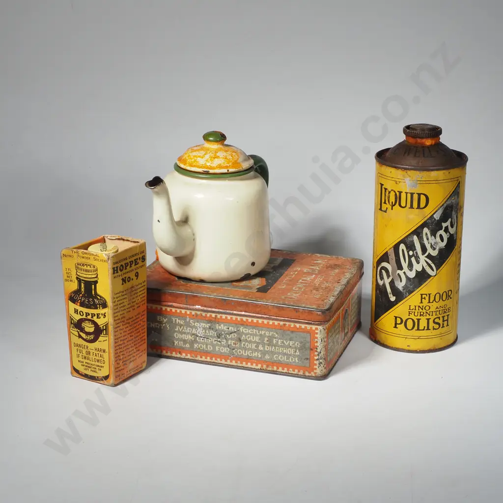 Vintage Little's Oriental Balm Advertising Tin Box, Small Enamel Teapot, Poliflor Floor Polish Tin & Hoppes Nitro Powder Image 1++