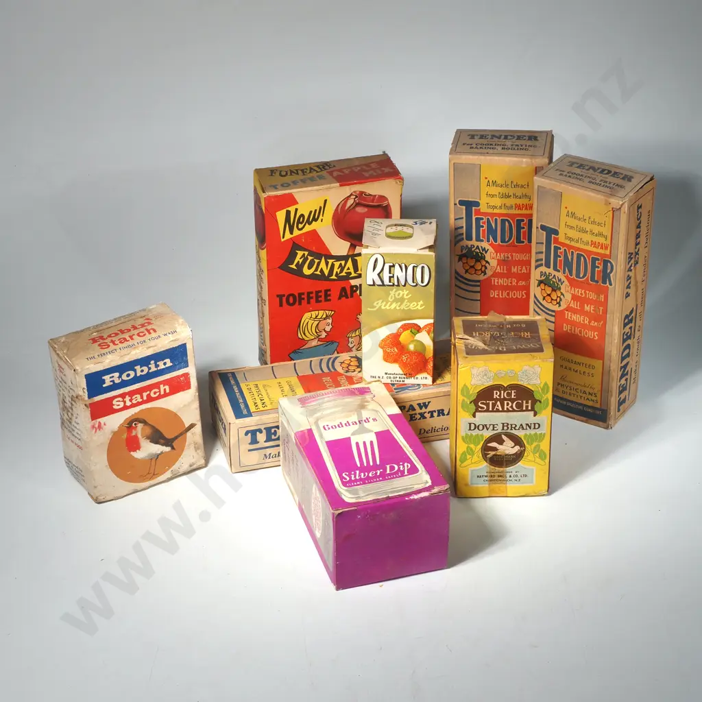 Collection of Vintage Cardboard Boxes including Tender , Dove Brand Rice Starch, Funfare Toffee Apple Mix, Renco & More Image 1++