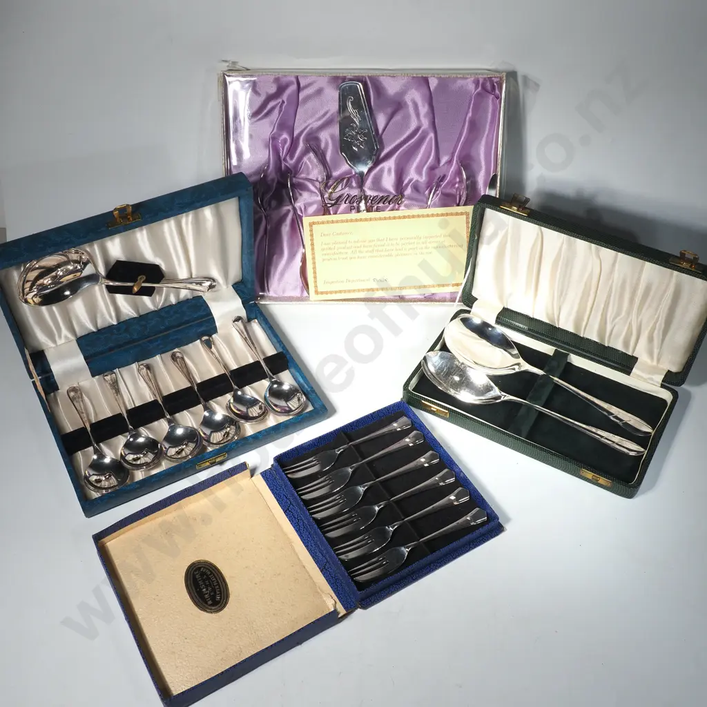 Four Vintage Boxes of Silver Plate Cutlery including a Desert Set, Box of Cake Forks  & Another w Two Serving Spoons Image 1++
