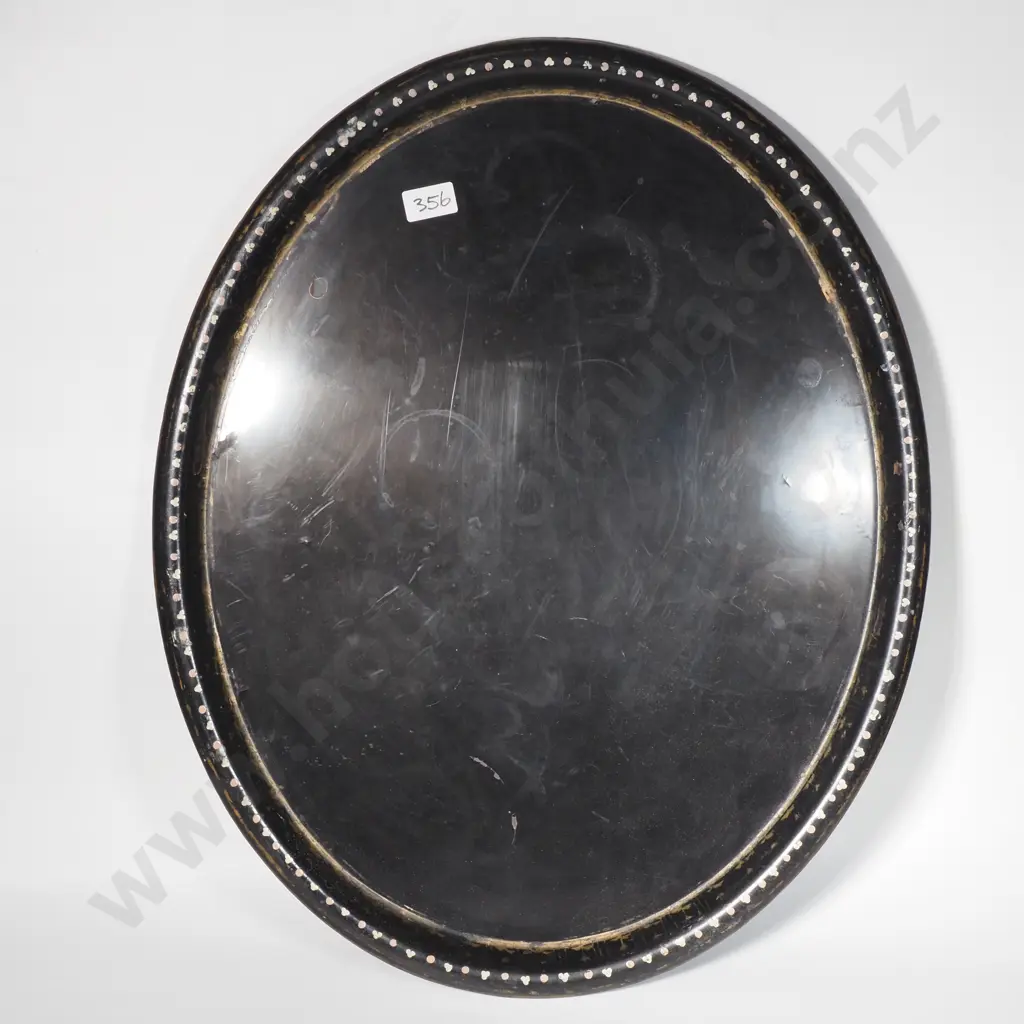 Antique Oval  Black Lacquered Sheet Metal Tray w Gilded Dot Pattern Border Image 1++