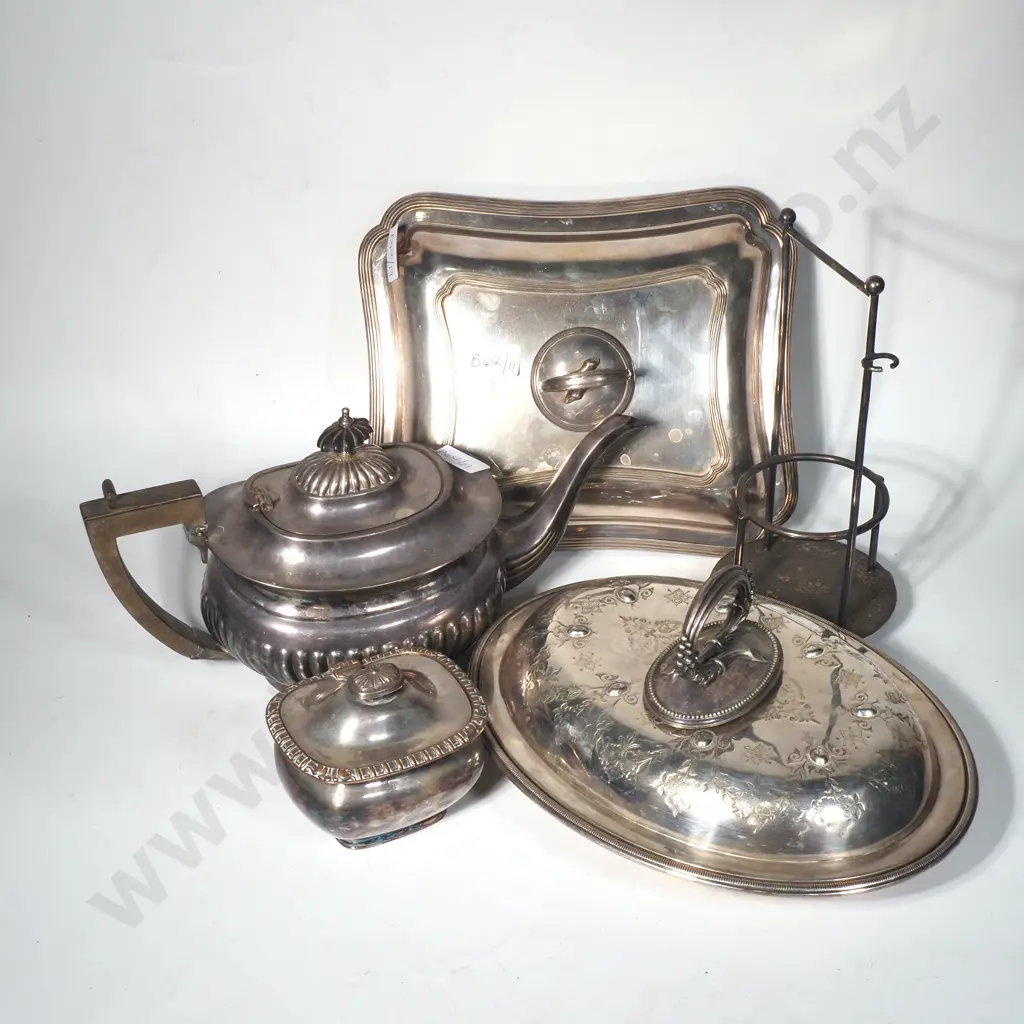 Quantity of Vintage Silver Plate - Oval Engraved Entree Dish, Rectangular Entree Dish, Georgian Style Teapot & Tea Caddy Image 1++