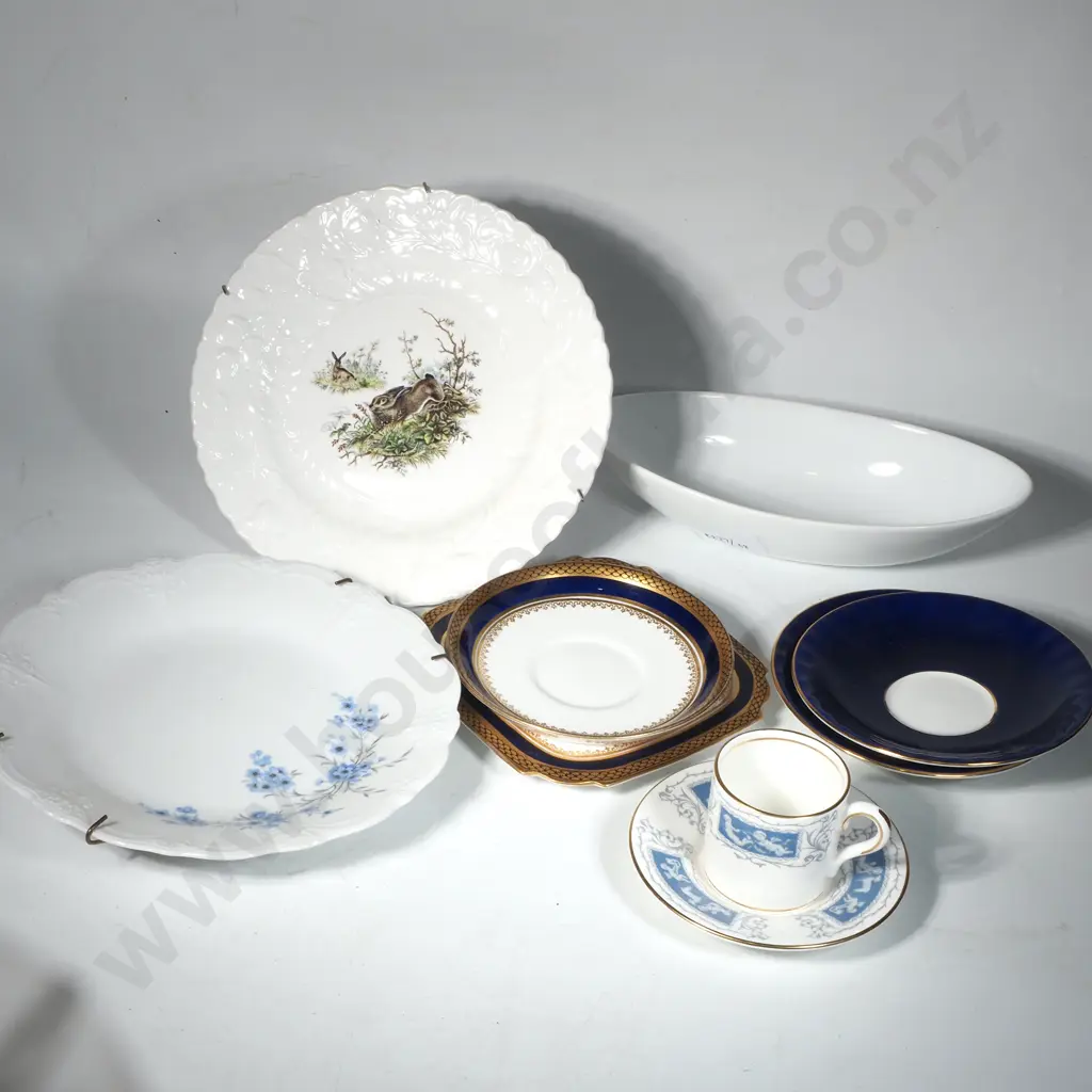 Queens White Ground Plate  Hares & Acorn Surround, Coalport Revelry Demi-Tasse Cup & Saucer & a German Plate w Flowers Image 1++