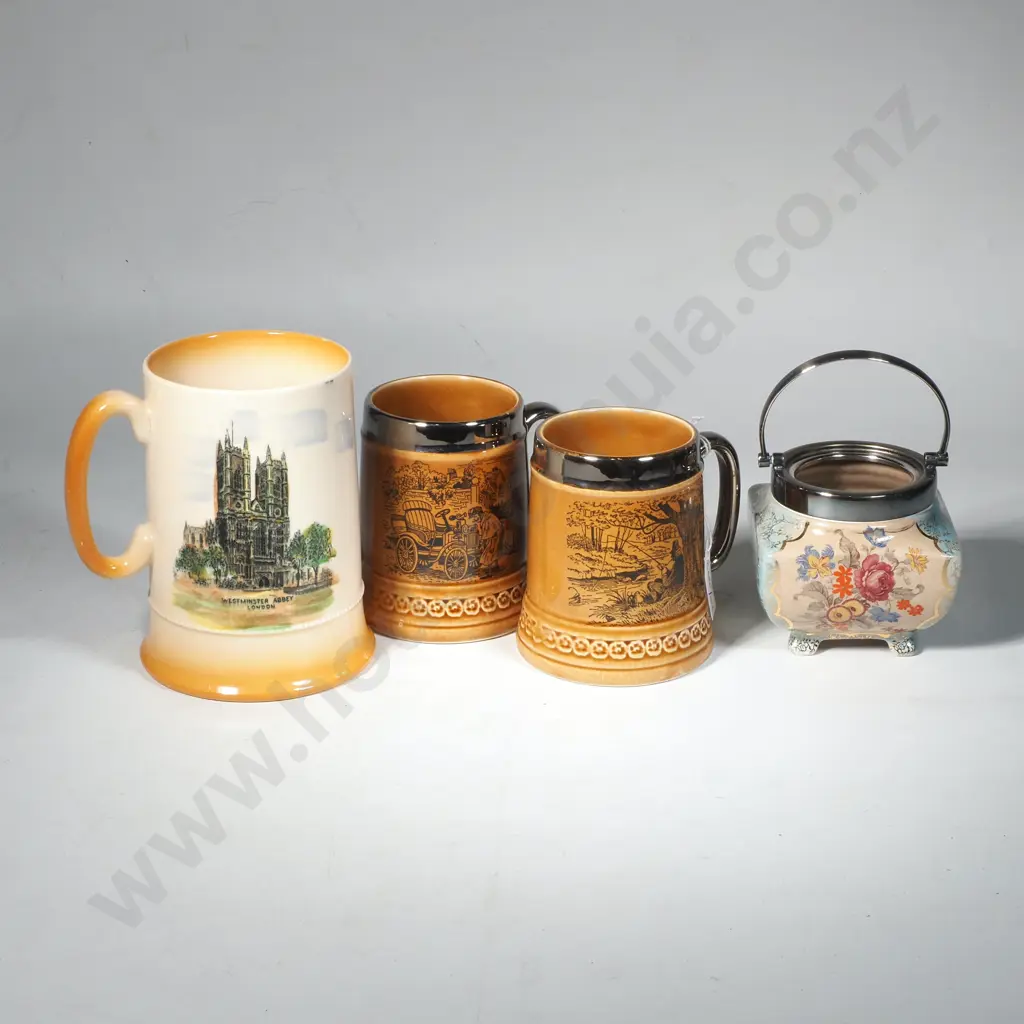 Two Lord Nelson Pottery Mugs w Village Scenes, Royal Bradwell 'Westminster Abbey' Mug & a Lancaster Alice Blue Jam Pot Image 1++