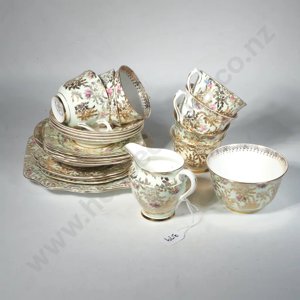 Twenty One Piece Vintage Colclough Tea Set w Pink Roses on Celadon Green Ground Image 1++