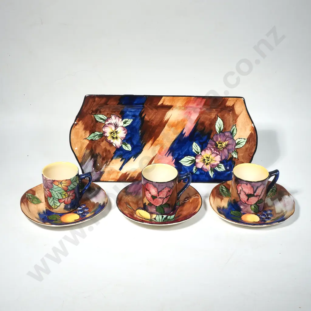 H & K Tunstall, Hand painted in the Viola Pattern Sandwich Tray & Three Demi-Tasse Cups & Saucers Image 1++