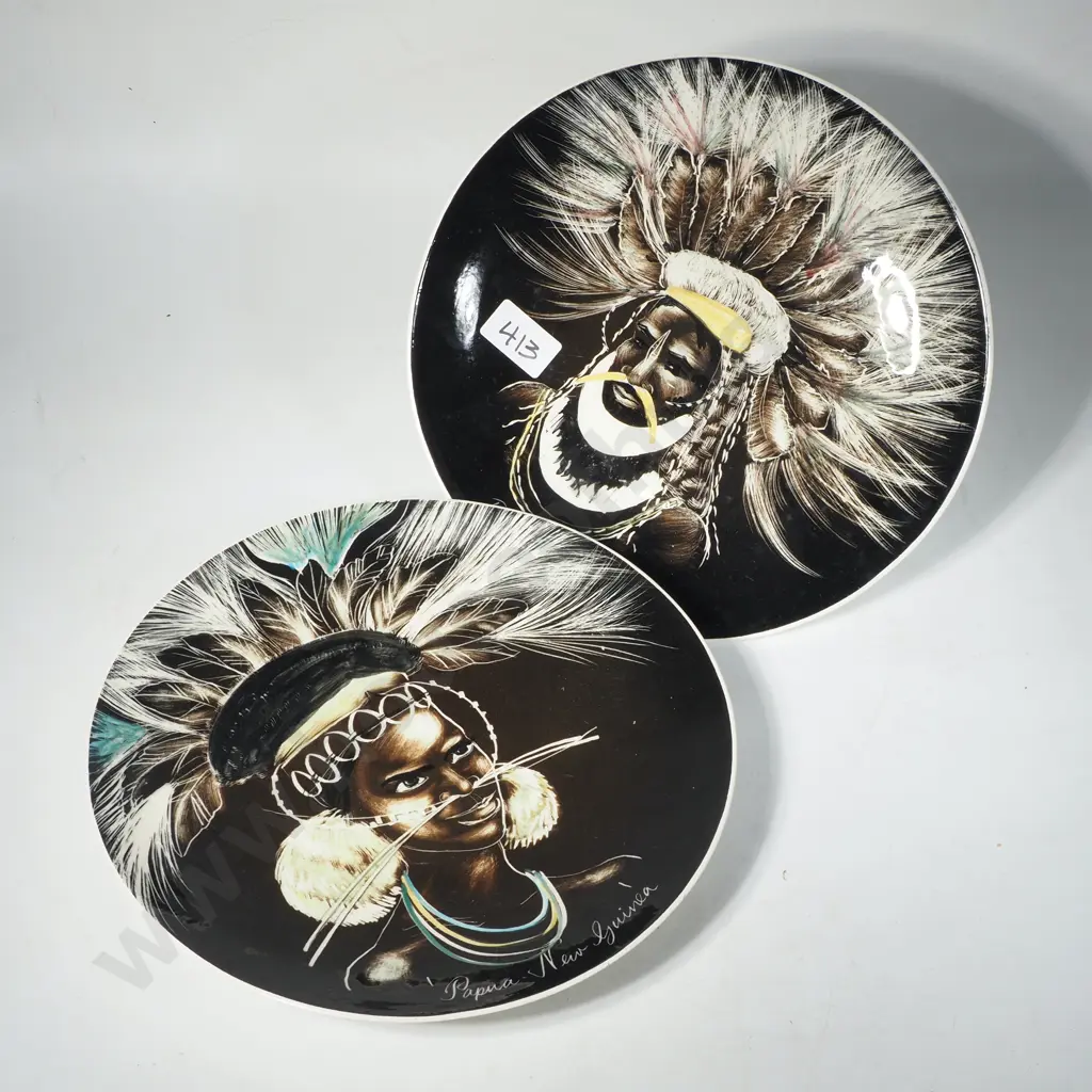 2 x Australian Studio Anna Pottery Wall Plates, Papua New Guinea Man & Lady Image 1++
