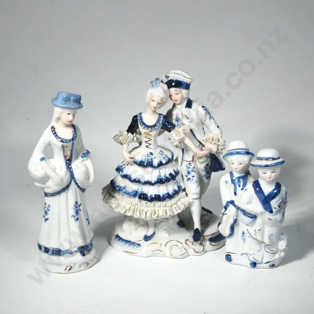 Vintage Porcelain Blue & White Figure of a Courting Couple, Blue & White figure of a Young Girl & A Couple w Violin Image 1++