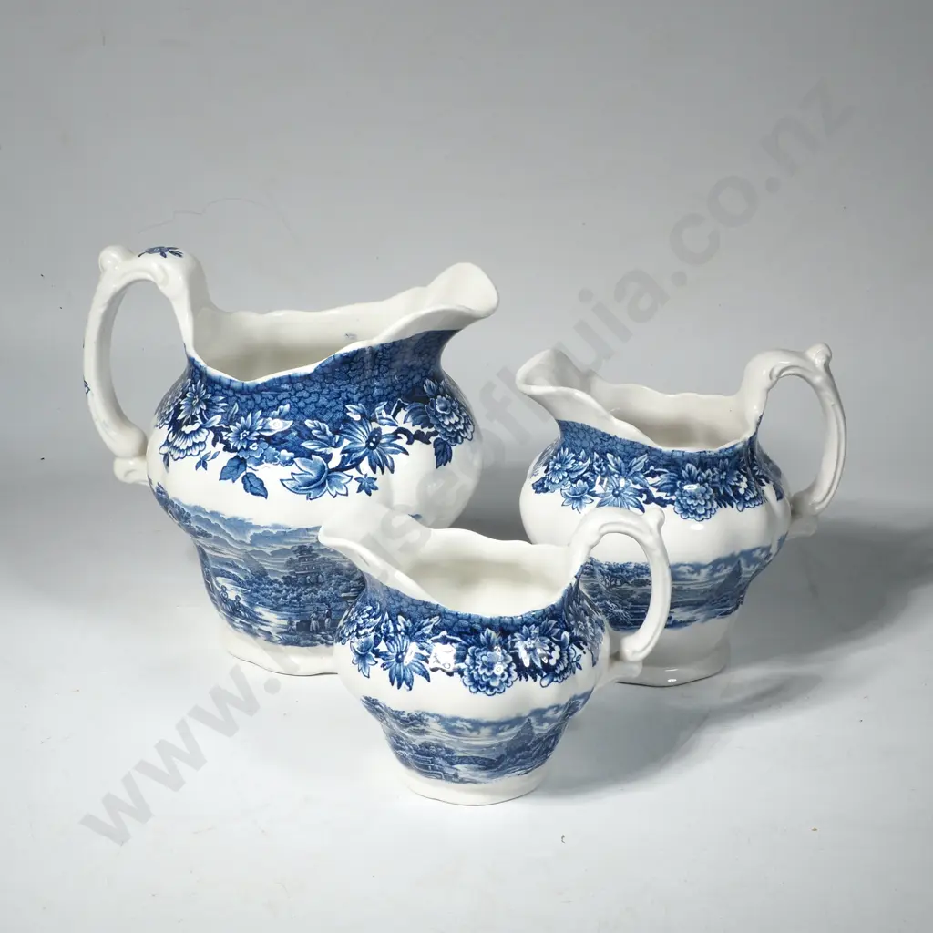 Graduated Set of Three Ridgway Blue & White Jugs in the Woburn Pattern Image 1++