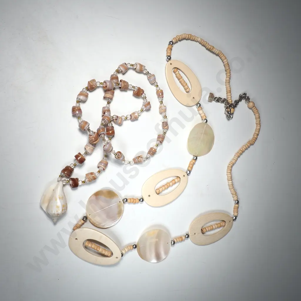 Two Boho Style Necklaces w Mother of Pearl Discs, Wood Open Oval Link & Wooden Spacer Beads Image 1++
