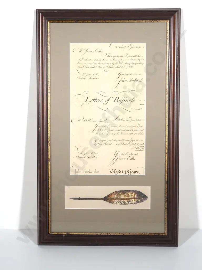 Framed Antique Document & Silver Quill: Dated 1800 for the sum of 106 Pounds Image 1++