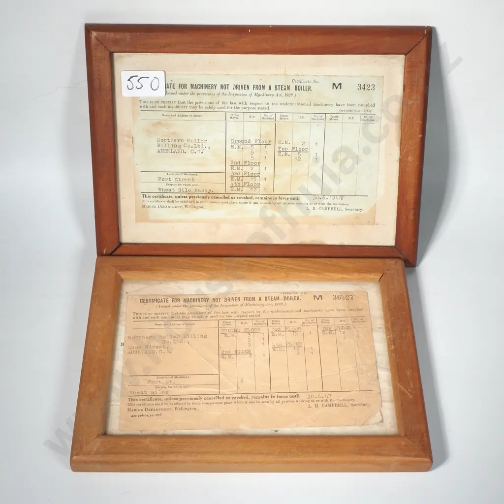 Two Framed Certificates of Machinery Inspection for a NZ Milling Company from 1944 Image 1++