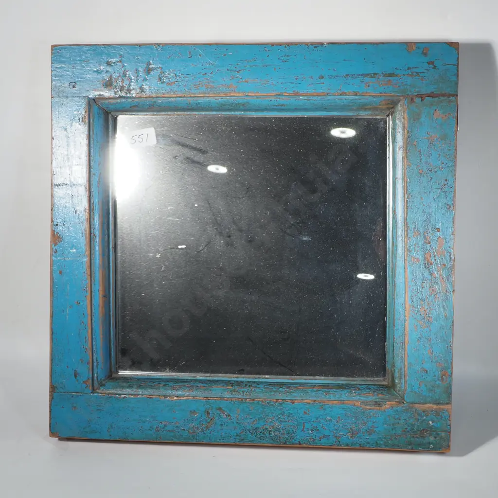Rustic  Framed Mirror w Distressed Blue Paint Finish Image 1++