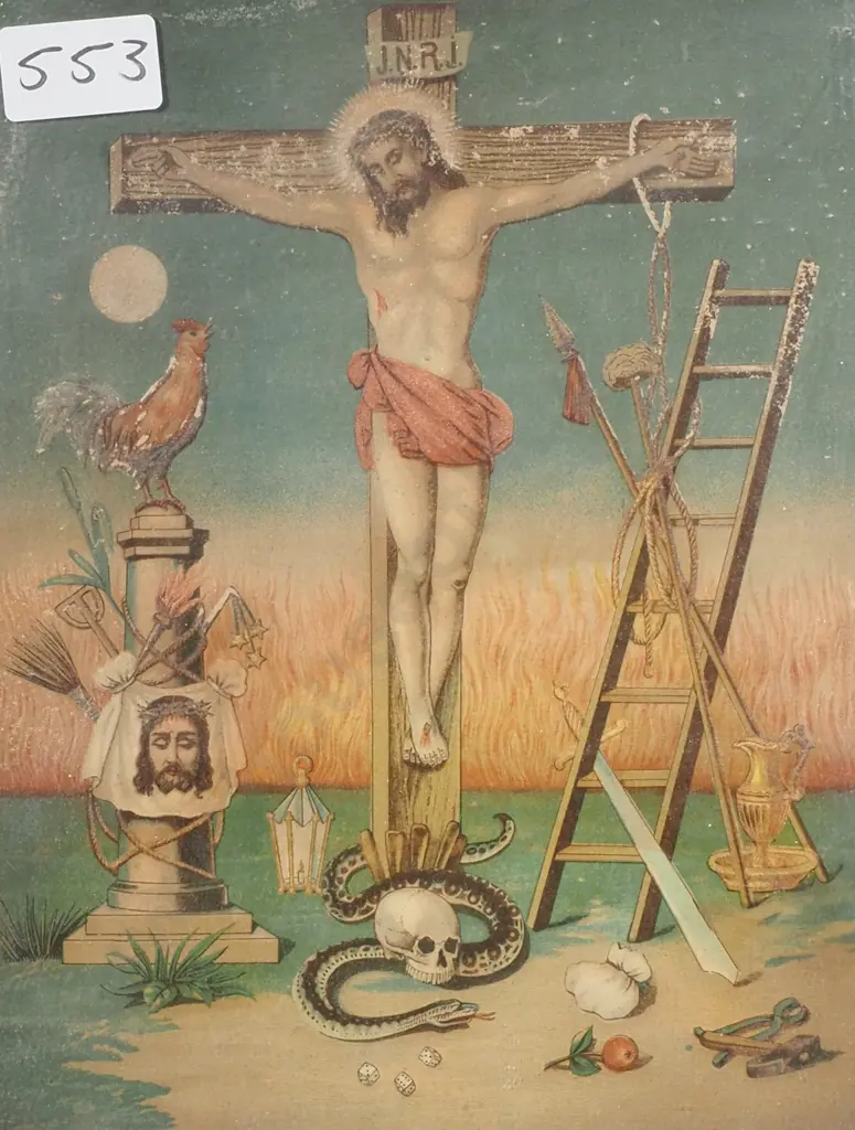 Antique Print 'Arma Christi'  or Instruments of the Passion, Depicting Jesus Christ on the Cross & Related Symbols Image 1++