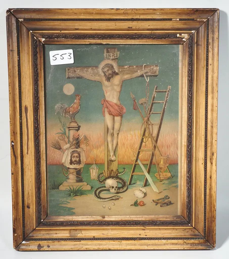 Antique Print 'Arma Christi'  or Instruments of the Passion, Depicting Jesus Christ on the Cross & Related Symbols Image 1++