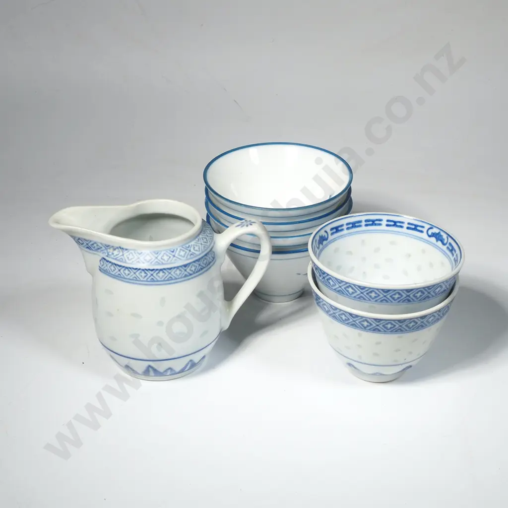 Two Saki Bowls, Matching Jug & Four Dipping Bowls Image 1++