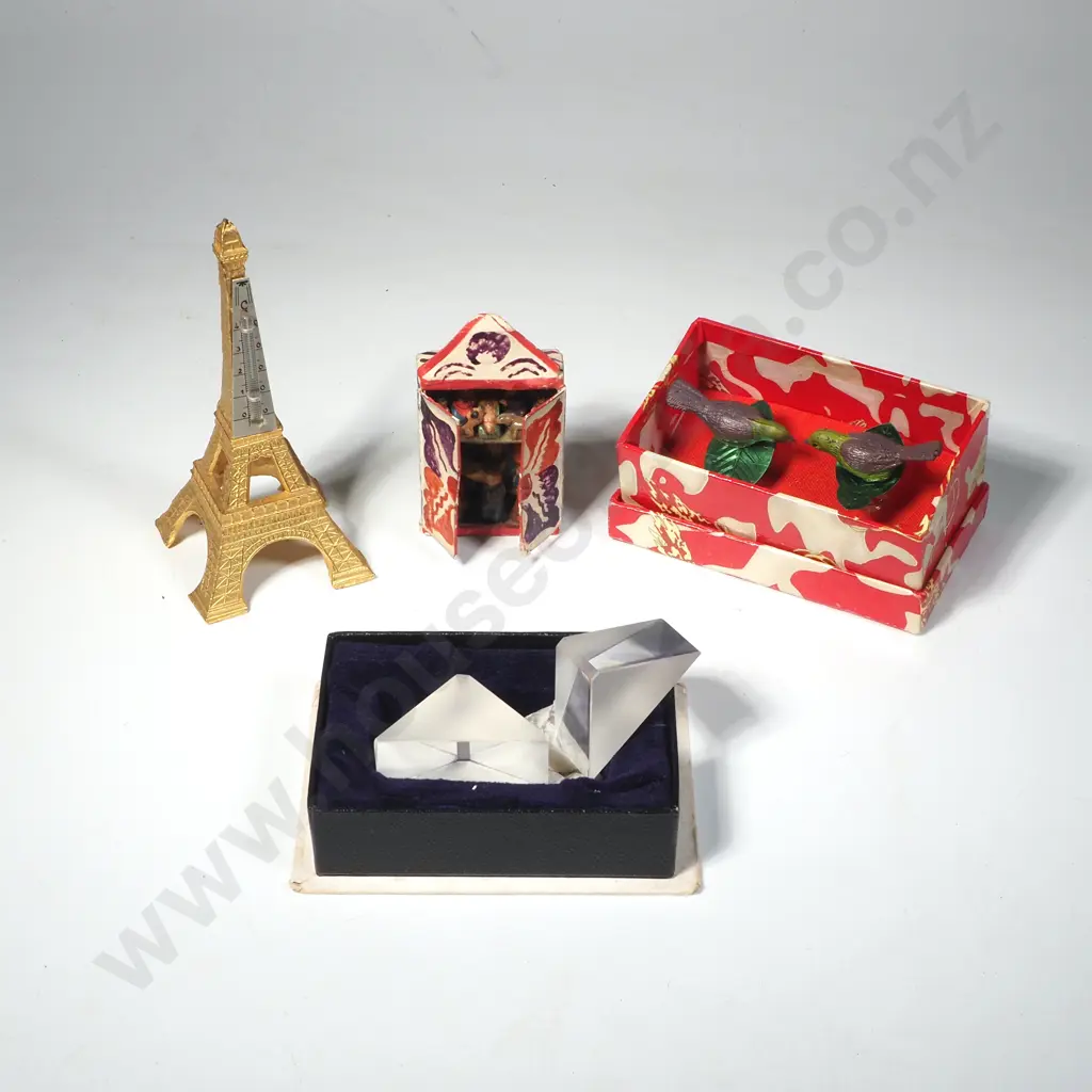 Assorted Boxed Curios, Eiffel Tower Thermometer & Glass Scent Bottle Image 1++