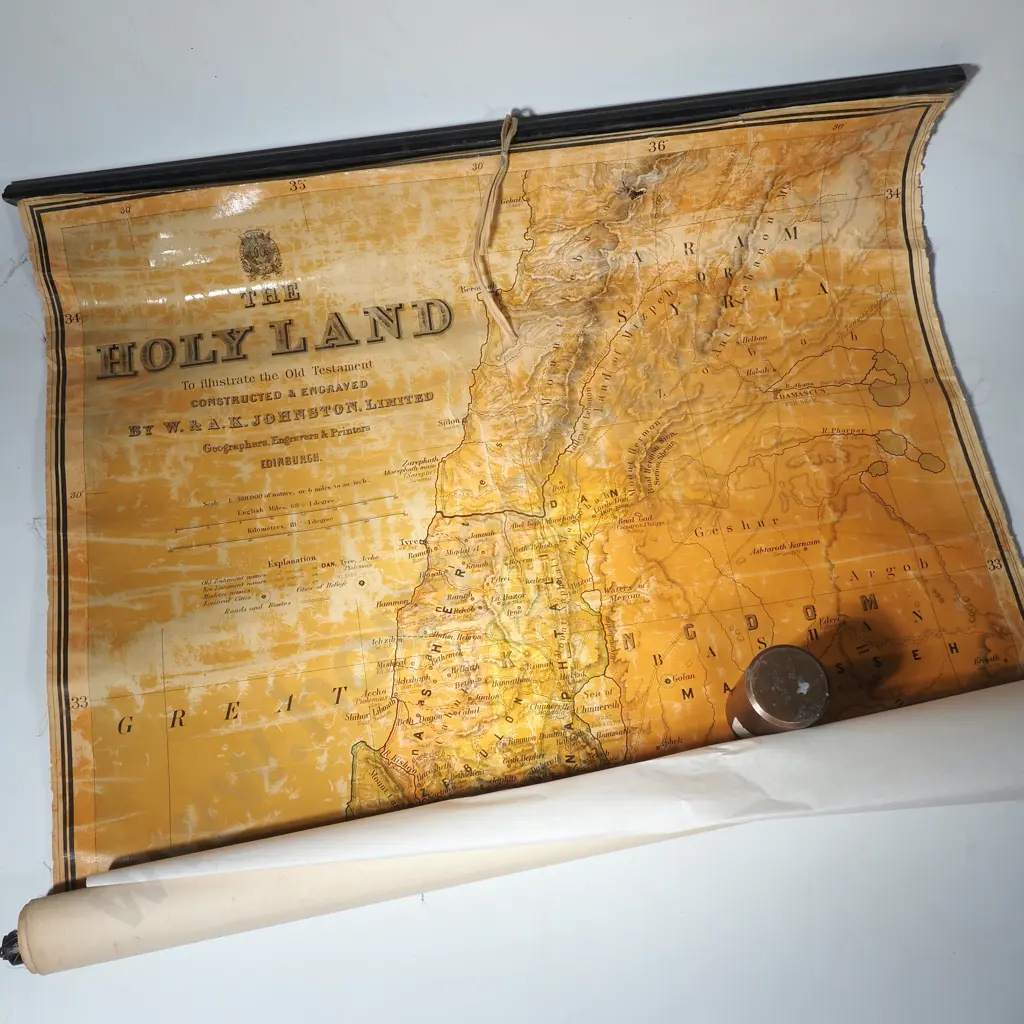 Vintage Scrolled Wall Map of the Holy Land Constructed & Engraved by W & AK Johnson Ltd Edinburgh Image 1++