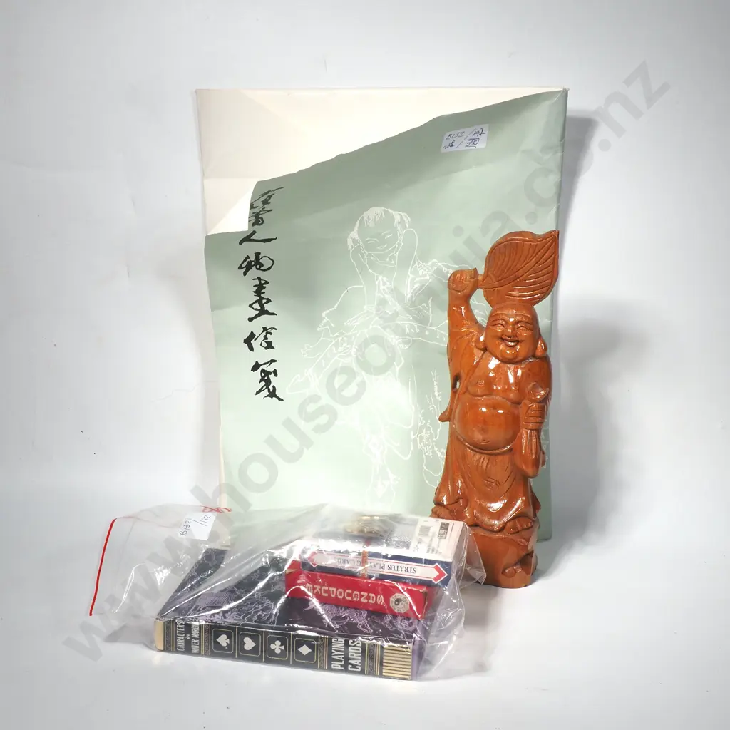 Various Chinese Items incl Lapel Pins & a Badge, Playing Cards, Laughing Buddha, & Prints Image 1++