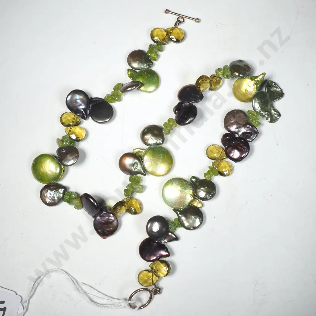 Handcrafted Jewellery Necklace w Irregular Cultured Pearls In Shades of Purple & Green Image 1++
