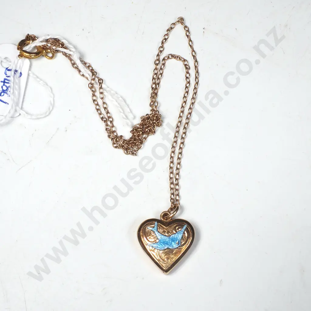 Gold Lined Sterling Silver Heart Lock set w Blue Enamel Bluebird of Happiness On a Chain Image 1++