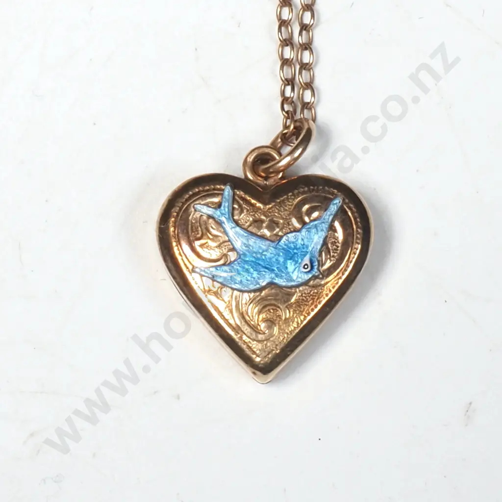Gold Lined Sterling Silver Heart Lock set w Blue Enamel Bluebird of Happiness On a Chain Image 1++